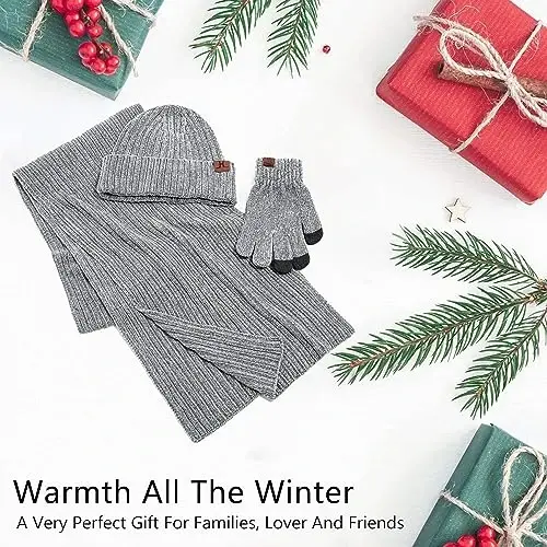Womens Winter Knit Warm Hat Beanie Long Scarf Touch Screen Gloves Set Skull Caps Neck Scarves for Women - 6