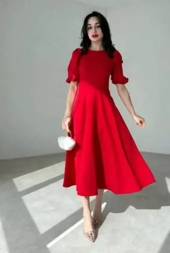Kadın Kısa Balon Kollu Bisiklet Yaka Geniş Kesim Janjan Krep Elbise - 1