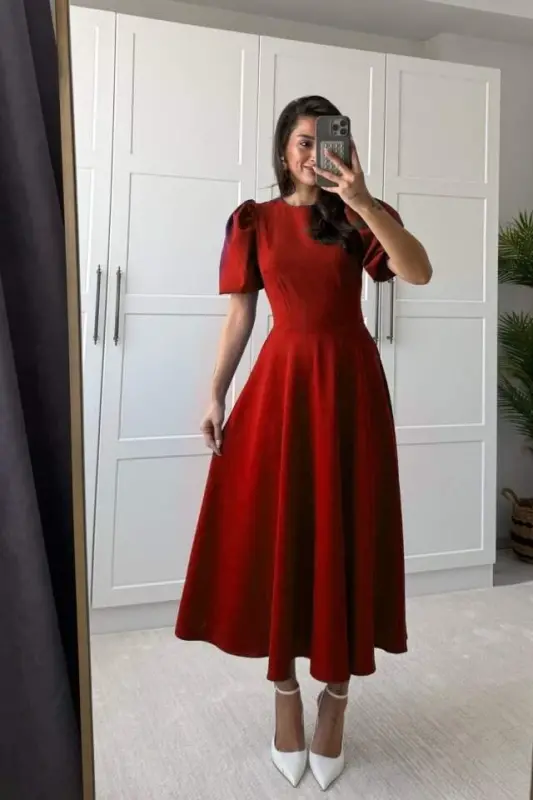 Kadın Kısa Balon Kollu Bisiklet Yaka Geniş Kesim Janjan Krep Elbise - 5