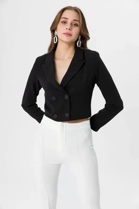 Kadın Kısa Düğme Kapamalı Blazer Ceket 250218 - 260314-SİYAH - ŞIMAL