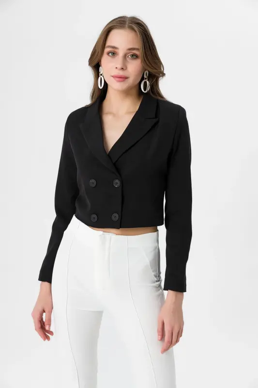 Kadın Kısa Düğme Kapamalı Blazer Ceket 250218 - 260314 - SİYAH - 2