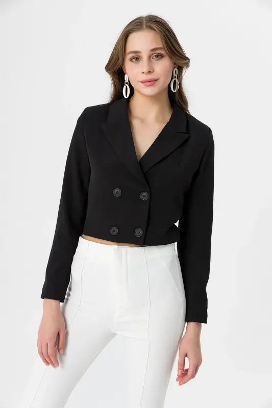Kadın Kısa Düğme Kapamalı Blazer Ceket 250218 - 260314 - SİYAH - 3
