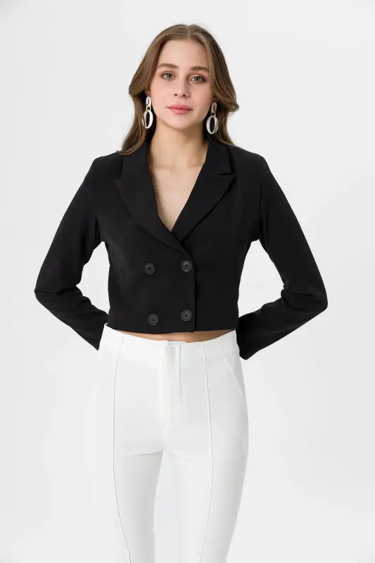 Kadın Kısa Düğme Kapamalı Blazer Ceket 250218 - 260314 - SİYAH - 4