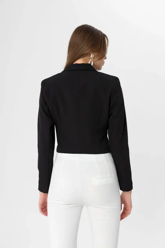 Kadın Kısa Düğme Kapamalı Blazer Ceket 250218 - 260314 - SİYAH - 5