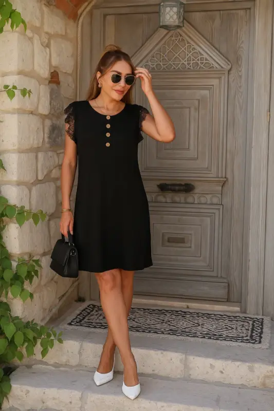 Kadın Kısa Dantel Kollu önden Düğmeli Viskon Elbise - BÜYÜKBEDENIZ