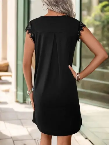 Kadın Kısa Dantel Kollu önden Düğmeli Viskon Elbise - 3