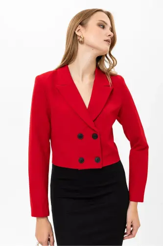 Kadın Kısa Düğme Kapamalı Blazer Ceket 250218 - 260314 - KIRMZI - 2