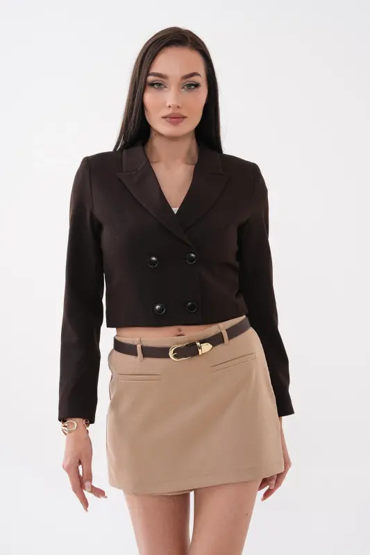 Kadın Kısa Düğme Kapamalı Blazer Ceket 250218 - 260314 - KAHVERENGİ - 2