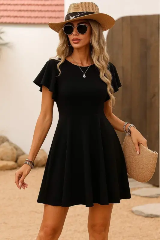 Kadın Kısa Kelebek Kollu Bisiklet Yaka Janjan Krep Elbise - 1