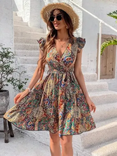 Kadın Kısa Kelebek Kollu Kruvaze Yakalı Süprem Elbise - 4