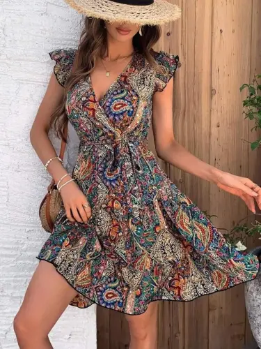 Kadın Kısa Kelebek Kollu Kruvaze Yakalı Süprem Elbise - 5