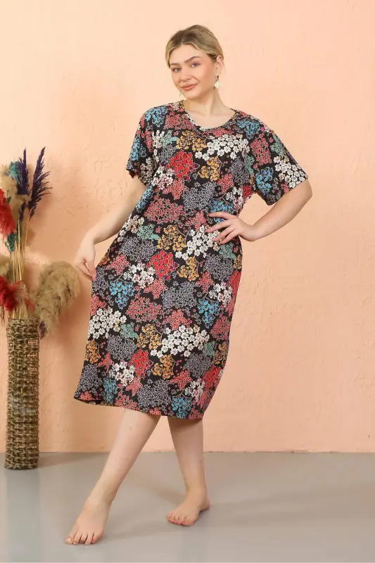 Kadın Kısa Kol Diz Altı Ev Elbisesi - Geceliği 93412 - BÜYÜKBEDENIZ