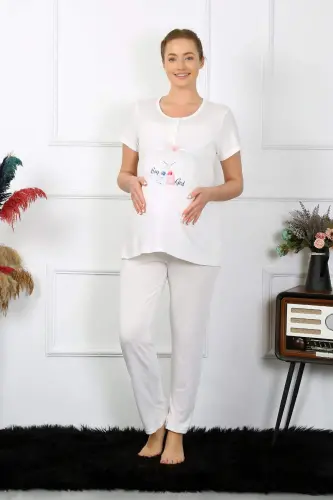 Kadın Kısa Kol Hamile Lohusa Pijama Takımı Ekru 45210 - 3
