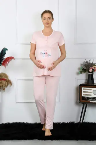 Kadın Kısa Kol Hamile Lohusa Pijama Takımı Pudra 45210 - 5