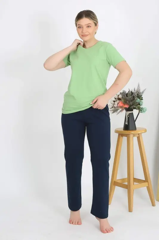 Kadın Kısa Kol Pamuk Penye Pijama Takım Fıstık Yeşili 4215 - BÜYÜKBEDENIZ