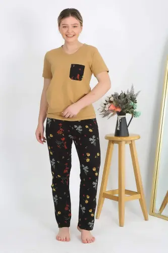 Kadın Kısa Kol Pamuk Penye Pijama Takım Hardal 4214 - 1