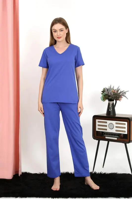Kadın Kısa Kol Pamuk Penye Pijama Takım Saks 4213 - 4