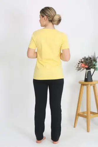 Kadın Kısa Kol Pamuk Penye Pijama Takım Sarı 4215 - 6