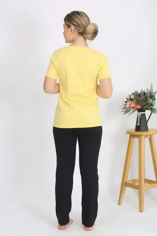 Kadın Kısa Kol Pamuk Penye Pijama Takım Sarı 4215 - 6