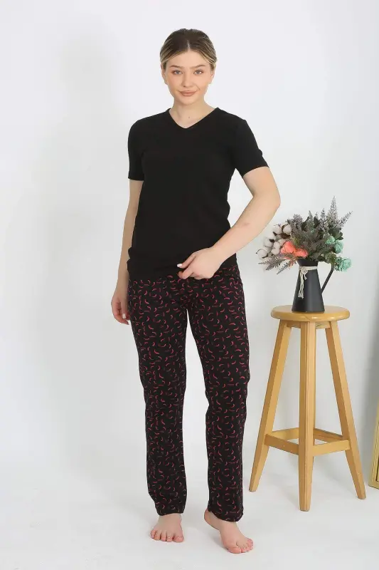 Kadın Kısa Kol Pamuk Penye Pijama Takım Siyah 4214 - 4