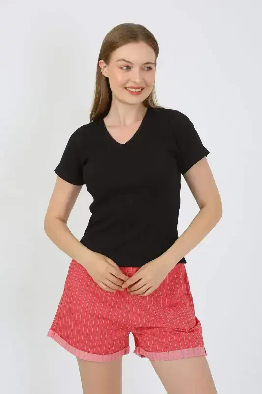 Kadın Kısa Kol Penye Şortlu Pijama Takım Siyah 3633 - 9