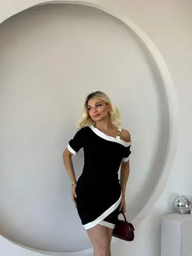 Kadın Kısa Kollu Asimetrik Kesim Yaka şerit Ve Aksesuar Detaylı Modal Elbise - 7