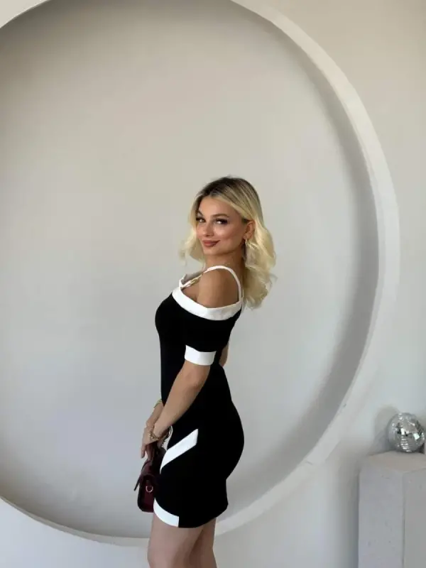 Kadın Kısa Kollu Asimetrik Kesim Yaka şerit Ve Aksesuar Detaylı Modal Elbise - 8