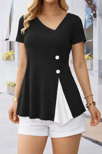Kadın Kısa Kollu Asimetrik V Yakalı Düğme Detaylı Viskon Bluz - 1