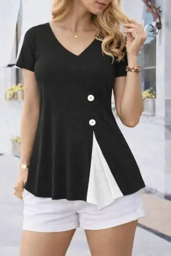 Kadın Kısa Kollu Asimetrik V Yakalı Düğme Detaylı Viskon Bluz - 3