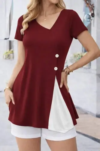 Kadın Kısa Kollu Asimetrik V Yakalı Düğme Detaylı Viskon Bluz - BÜYÜKBEDENIZ (1)