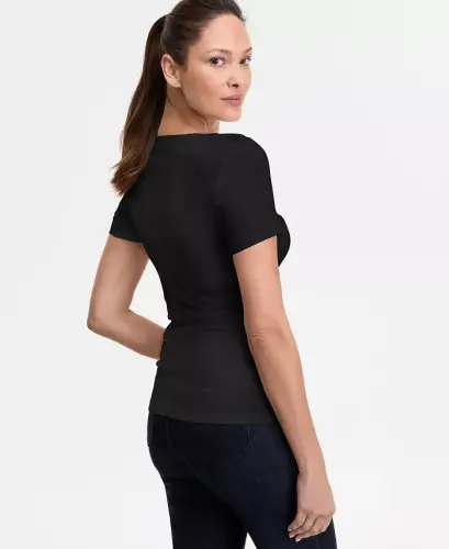 Women's Short Sleeve Asymmetric-Neck Top, Exclusively at Modazone - Deep Black - 2