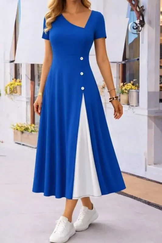 Kadın Kısa Kollu Asimetrik Yakalı Düğme Detaylı Midi Viskon Elbise - 1