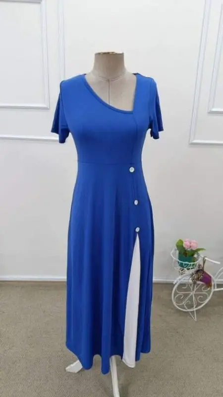 Kadın Kısa Kollu Asimetrik Yakalı Düğme Detaylı Midi Viskon Elbise - 4