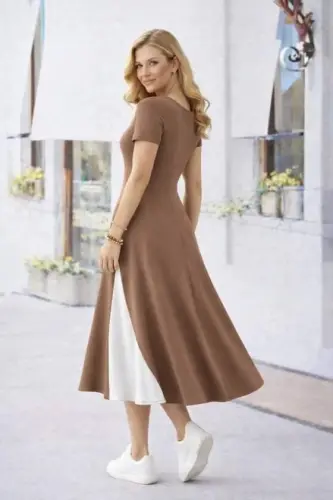 Kadın Kısa Kollu Asimetrik Yakalı Düğme Detaylı Midi Viskon Elbise - BÜYÜKBEDENIZ (1)