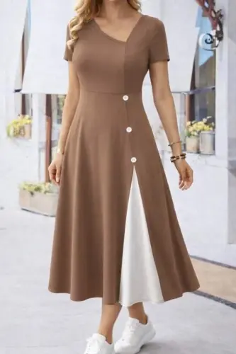 Kadın Kısa Kollu Asimetrik Yakalı Düğme Detaylı Midi Viskon Elbise - 1