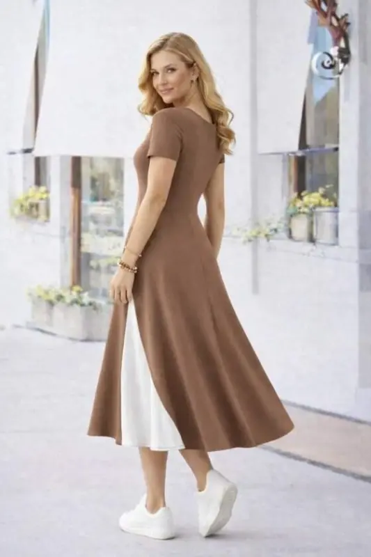 Kadın Kısa Kollu Asimetrik Yakalı Düğme Detaylı Midi Viskon Elbise - 2