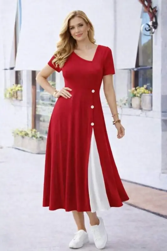 Kadın Kısa Kollu Asimetrik Yakalı Düğme Detaylı Midi Viskon Elbise - 2