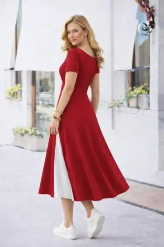 Kadın Kısa Kollu Asimetrik Yakalı Düğme Detaylı Midi Viskon Elbise - 3