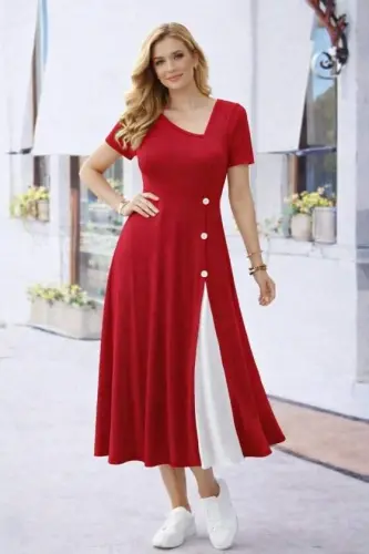 Kadın Kısa Kollu Asimetrik Yakalı Düğme Detaylı Midi Viskon Elbise - BÜYÜKBEDENIZ (1)