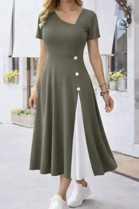Kadın Kısa Kollu Asimetrik Yakalı Düğme Detaylı Midi Viskon Elbise - BÜYÜKBEDENIZ