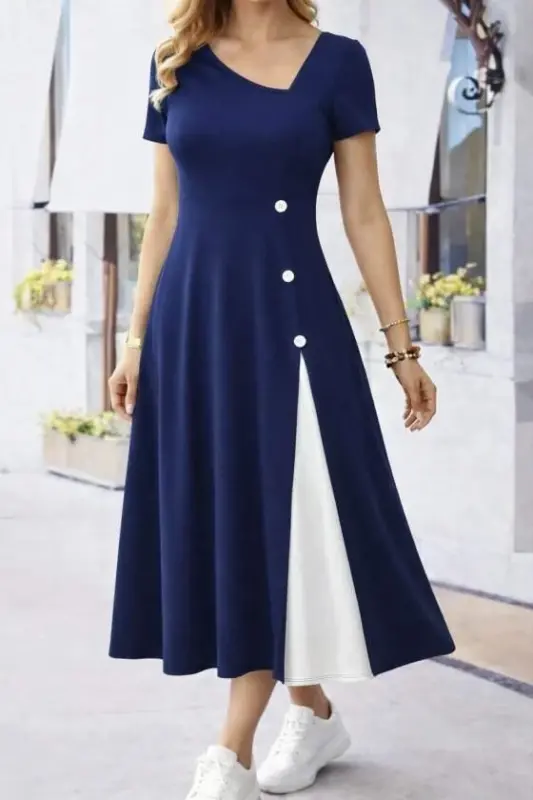 Kadın Kısa Kollu Asimetrik Yakalı Düğme Detaylı Midi Viskon Elbise - 1