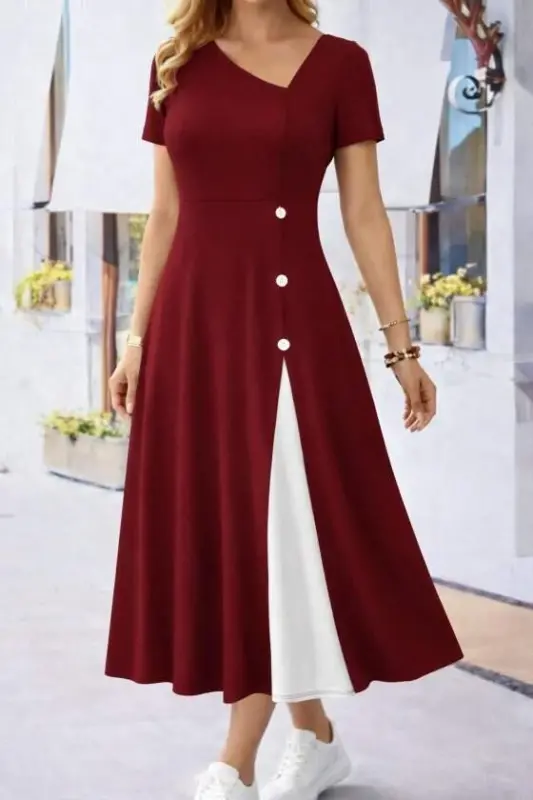 Kadın Kısa Kollu Asimetrik Yakalı Düğme Detaylı Midi Viskon Elbise - 1