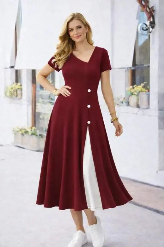 Kadın Kısa Kollu Asimetrik Yakalı Düğme Detaylı Midi Viskon Elbise - 3