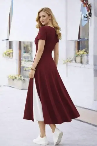 Kadın Kısa Kollu Asimetrik Yakalı Düğme Detaylı Midi Viskon Elbise - BÜYÜKBEDENIZ (1)