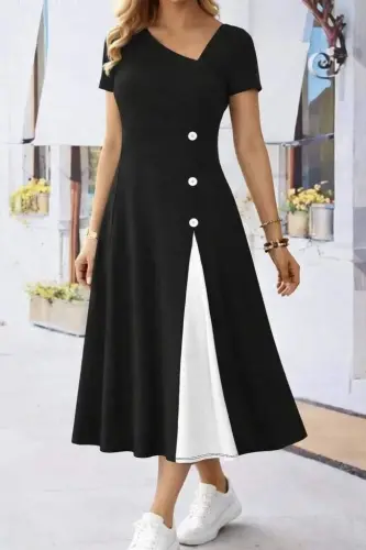 Kadın Kısa Kollu Asimetrik Yakalı Düğme Detaylı Midi Viskon Elbise - 1