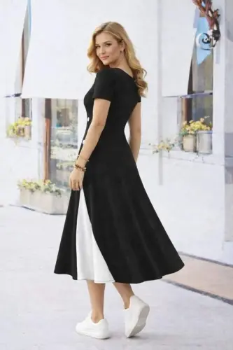 Kadın Kısa Kollu Asimetrik Yakalı Düğme Detaylı Midi Viskon Elbise - 3