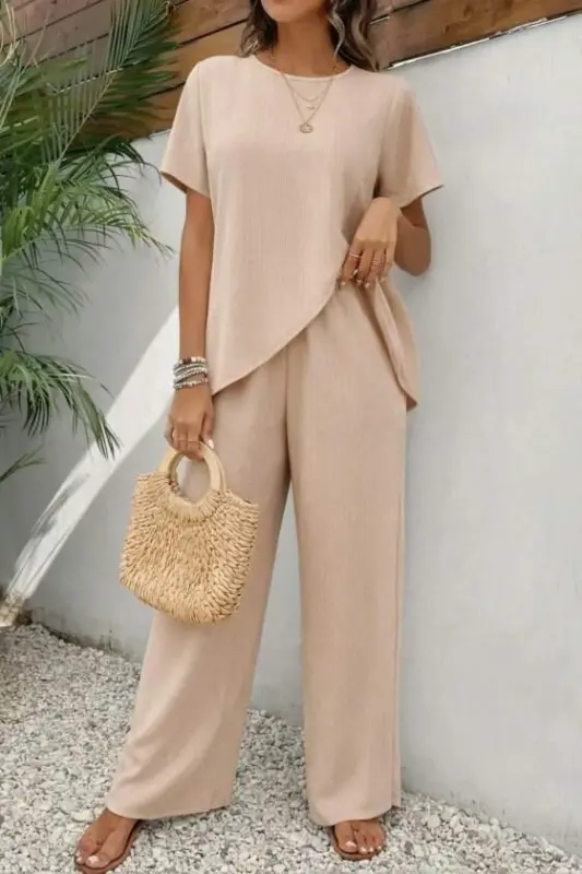 Kadın Kısa Kollu Bisiklet Yaka Asimetrik Kesim Detaylı Bürümcük Bluz Ve Pantolon Ikili Takım - 1