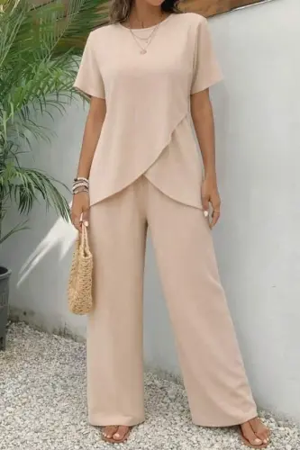 Kadın Kısa Kollu Bisiklet Yaka Asimetrik Kesim Detaylı Bürümcük Bluz Ve Pantolon Ikili Takım - BÜYÜKBEDENIZ (1)