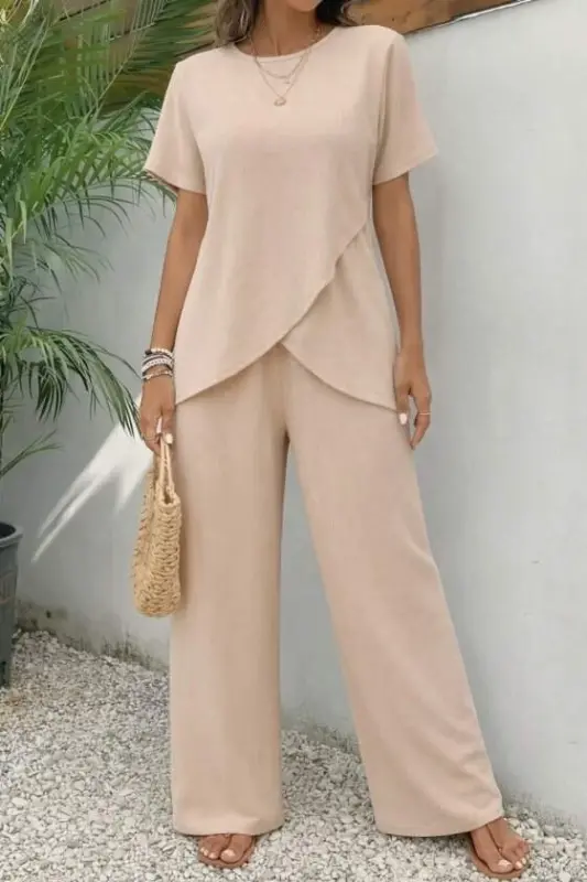 Kadın Kısa Kollu Bisiklet Yaka Asimetrik Kesim Detaylı Bürümcük Bluz Ve Pantolon Ikili Takım - 2
