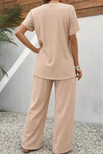 Kadın Kısa Kollu Bisiklet Yaka Asimetrik Kesim Detaylı Bürümcük Bluz Ve Pantolon Ikili Takım - 3